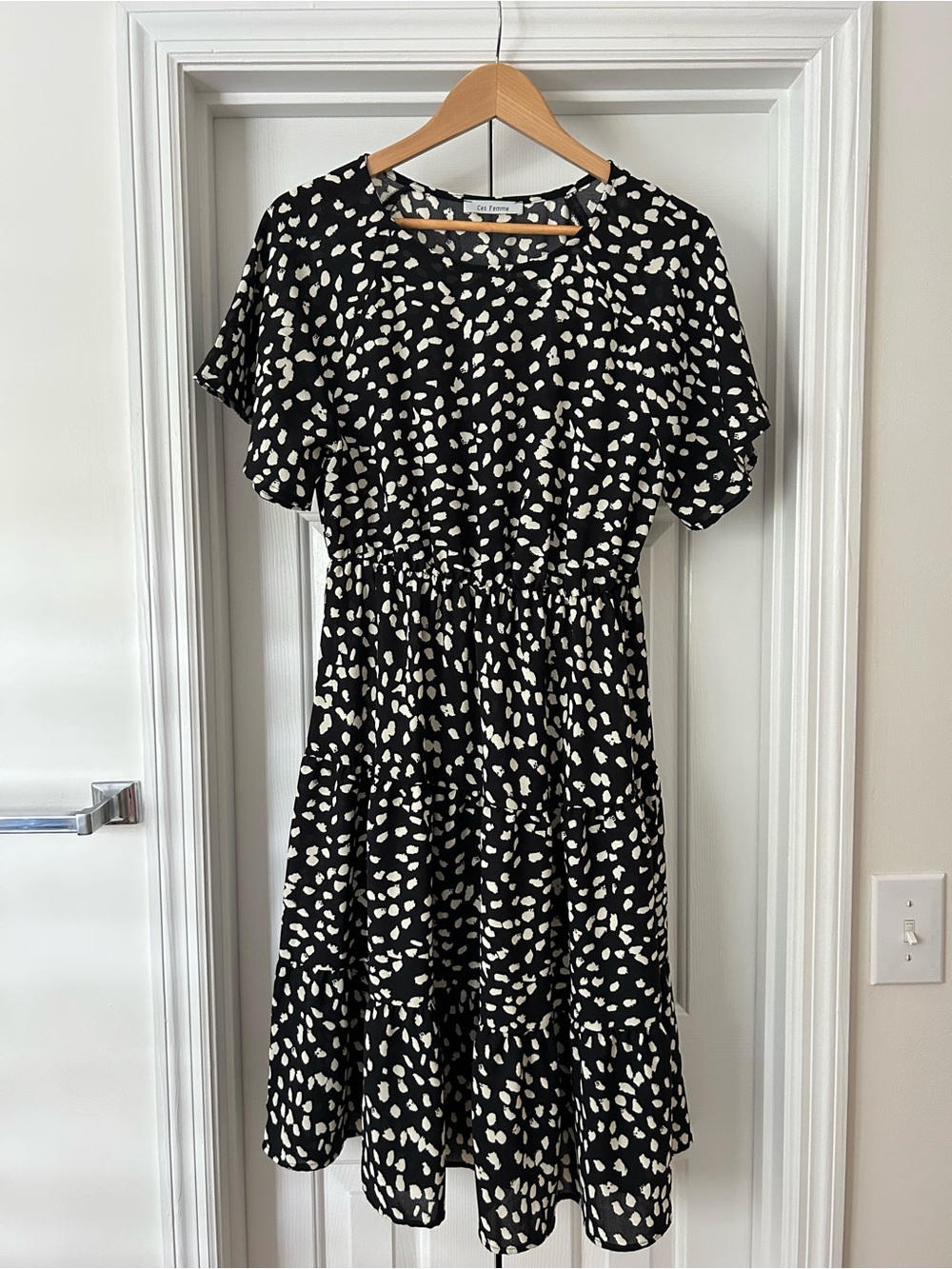 Ces Femme Black and Cream  Printed Tiered Mini Dress
